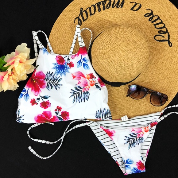 floral and striped reversible bikini